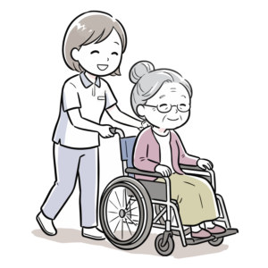 車椅子を押す介護ヘルパーと笑顔の高齢女性の手描き風イラスト