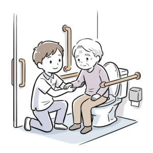 高齢者のトイレ介助を優しくサポートする介護スタッフのイラスト